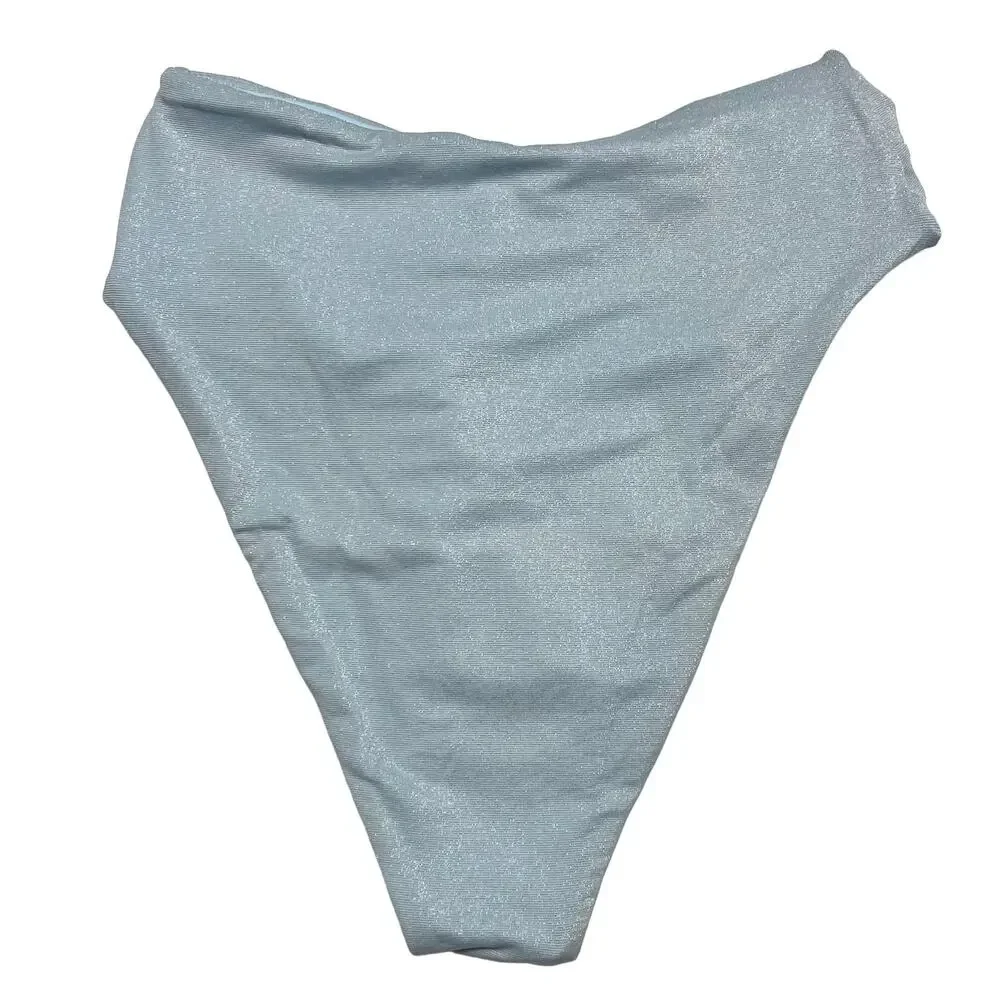 L*SPACE Shimmer Nancy Lee Bitsy Bikini Bottom Sky Blue Twist Front XS NEW - Picture 4 of 6